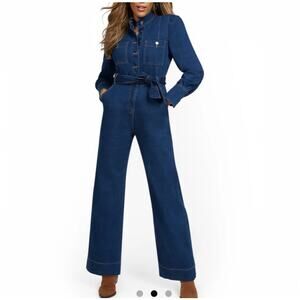 New York & Co Sz 4 Long-Sleeve Wide-Leg Denim Jumpsuit Belted Dark Wash Stretchy